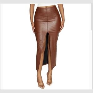 Naked Wardrobe Brown Faux Leather Front Split Midi Skirt